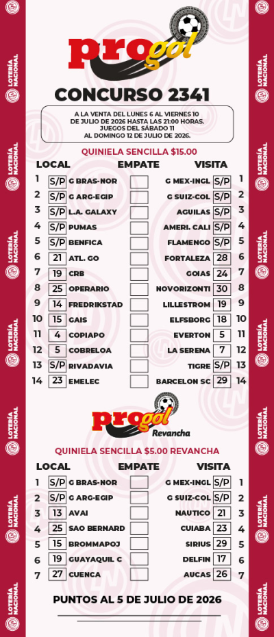 Partidos Progol 2341 Quiniela Ganadora