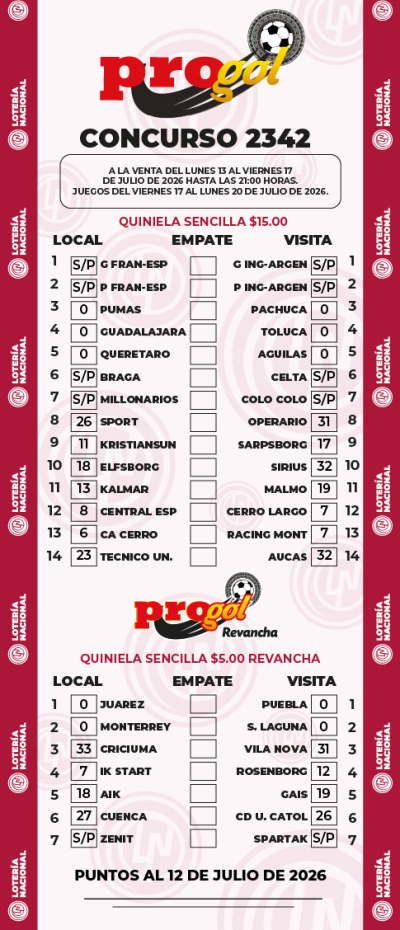 Partidos Progol 2342 Quiniela Ganadora