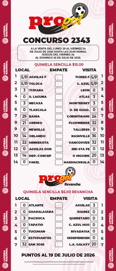 Partidos Progol 2343 Quiniela Ganadora