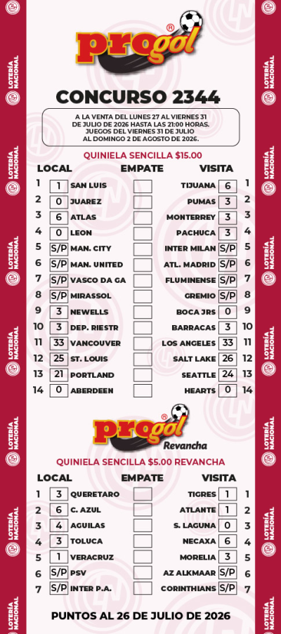 Partidos Progol 2344 Quiniela Ganadora