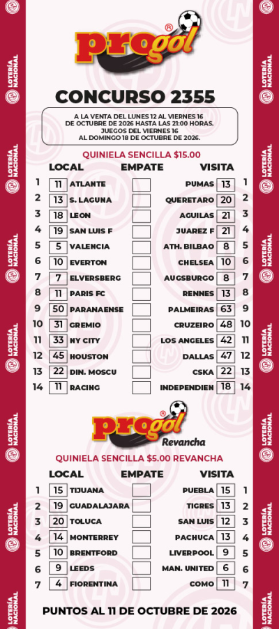 Partidos Progol 2355 Quiniela Ganadora