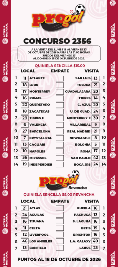 Partidos Progol 2356 Quiniela Ganadora