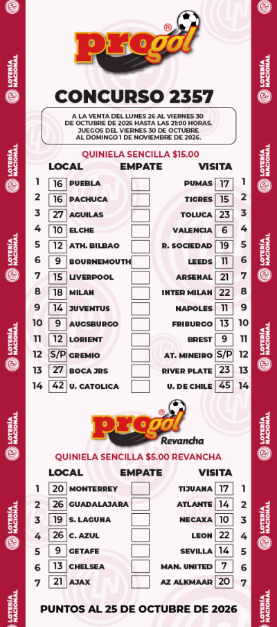 Partidos Progol 2357 Quiniela Ganadora
